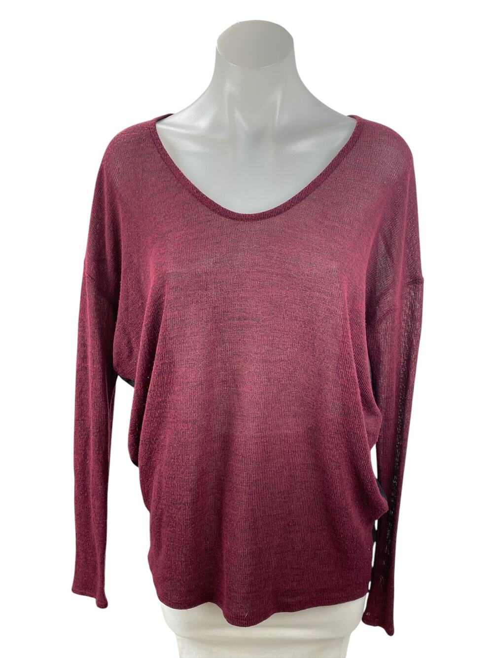 Francesca's Red Sheer Mesh Back V Neck Long Sleeve Tunic Blouse Sweater Top Sz L